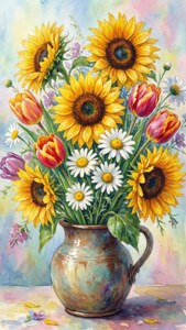 色彩繽紛的向日葵、鬱金香和雛菊花束，插在一個風化的陶瓷花瓶裡。