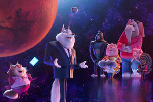 一群動畫動物角色在太空中，伴隨著一個紅色行星和星星。 — 太空 壁紙