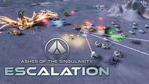來自《Ashes of the Singularity Escalation》的科幻戰鬥場景，雪地地形上閃耀著武器光芒。