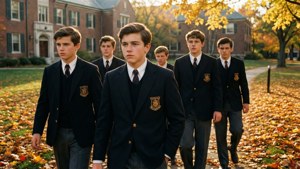 六名身穿校服的青少年男孩在校園小徑上穿過秋葉行走。