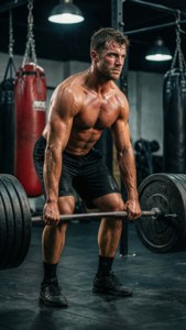 一個赤裸上身的肌肉男在健身房裡舉起槓鈴，背景有紅色沙包。