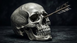 一個破裂的人類頭骨，被木箭刺穿，置於深色表面。