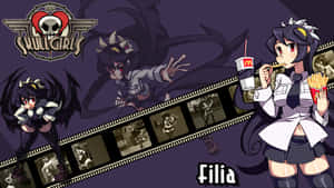 來自《Skullgirls》的動畫女孩Filia正在吃薯條和喝汽水，並有一條膠片條展示她的戰鬥場景。