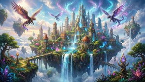 魔法天空領域中帶有瀑布和巨龍的浮空城堡