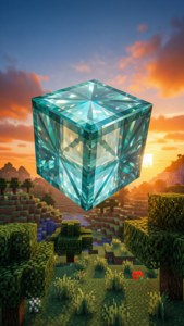 一顆巨大的發光鑽石漂浮在Minecraft世界上空，正值日落時分。