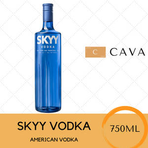 藍色SKYY伏特加酒瓶，帶有750ml標籤和CAVA品牌標誌，背景為白色。