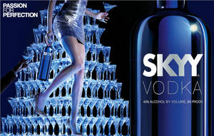 一位身穿銀色連衣裙的女性站在冰香檳杯上，旁邊放著一個Skyy Vodka酒瓶。