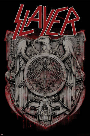 Slayer 樂隊標誌，以金屬紅和灰色設計呈現骷髏、鷹和五角星。