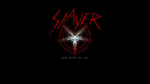 Slayer 樂隊標誌，帶有山羊頭骨和文字 God hates us all，黑色背景
