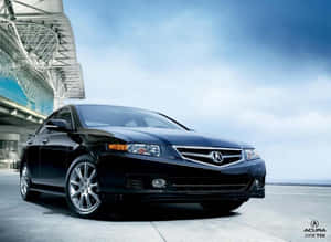 黑色Acura TSX轎車在陽光明媚的日子停放在現代玻璃建築附近。 — 高對比 壁紙