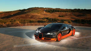 黑色和橙色的Bugatti Veyron停在日落時分的彎曲道路上。 — 布加迪 壁紙