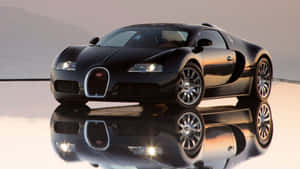 黑色Bugatti超級跑車在黃金時刻濕滑路面上的倒影。 — 布加迪 壁紙