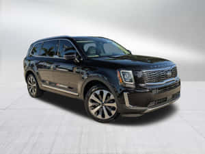 黑色Kia Telluride SUV在工作室中，帶有反射表面和灰色地板。 — 現代汽車 壁紙