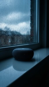 一個黑色智能揚聲器在雨天放在窗台上，背景是模糊的城市景觀。