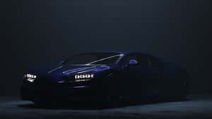一輛藍色Bugatti Chiron跑車在黑暗的攝影棚中被聚光燈照亮。 — 布加迪 壁紙
