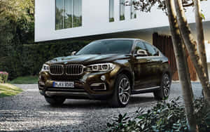 青銅色BMW X6 SUV停泊在碎石路上，靠近現代房屋和棕櫚樹。 — Steam Deck OLED 壁紙