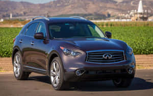 深紫色 Infiniti SUV 停在靠近綠色田野和山丘的道路上。 — Steam Deck OLED 壁紙