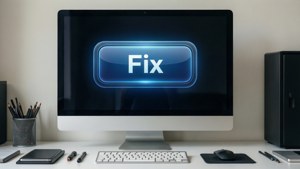 電腦顯示器在乾淨的桌子上顯示一個藍色發光的 fix 按鈕。