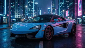 一架藍色跑車停泊在夜間濕漉漉的霓虹燈城市街道上。