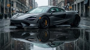 灰色McLaren跑車停在潮濕的城市街道上，水坑倒影如鏡。