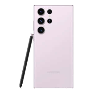 粉紅色三星智能手機連S Pen置於白色背景上。 — Samsung S23 Ultra 壁紙