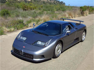 銀色Bugatti EB110超級跑車停泊在乾草地景觀中的鋪砌道路上。 — 布加迪 壁紙