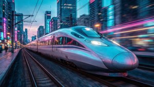 一列高速列車在夜晚穿過充滿活力的城市，伴隨著條紋狀的霓虹燈光。