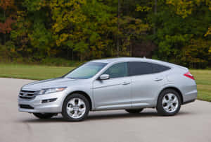 銀色本田 Crosstour SUV 停泊在道路上，後面有秋天的樹葉。 — MacBook Air 15 壁紙