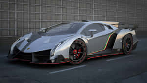 銀色林寶堅尼 Veneno 帶有紅色和綠色點綴，在賽道上。 — 蘭博基尼 壁紙