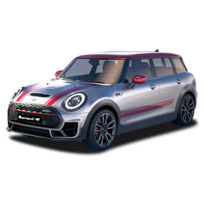 白色背景上的銀色MINI Cooper，帶有紅色車頂和賽車條紋。 — iPad 第10代 壁紙
