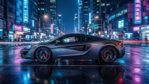 銀色跑車在夜晚行駛於霓虹燈照亮的雨街。