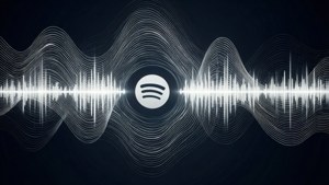 深色背景上帶有動態白色聲波線條的Spotify標誌。