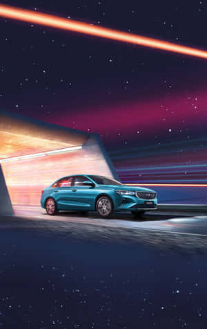 青綠色轎車在星空下穿過發光的隧道。 — Galaxy Tab S9 FE 壁紙