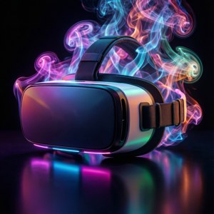 在反光表面上被發光霓虹煙霧環繞的未來感VR頭戴式裝置。