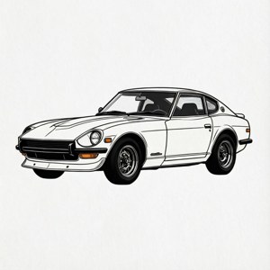 白色經典跑車插圖，帶有黑色輪廓和鍍鉻細節。 — Pixel Watch 3 壁紙