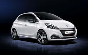 白色Peugeot 208 GT Line汽車在攝影棚中，背景為深藍色，地面有倒影。 — Steam Deck 壁紙