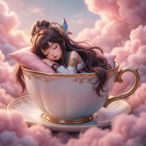 動漫女孩在一個漂浮在粉紅雲朵中的裝飾茶杯中安詳入睡。
