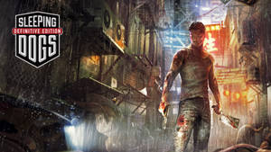 一個血淋淋嘅男人喺《Sleeping Dogs》嘅雨濕霓虹燈巷仔入面揸住刀。