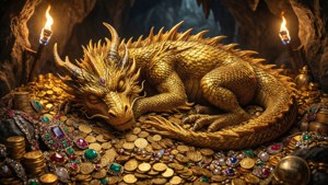 一條金龍在火炬照亮的黑暗洞穴中，在硬幣和寶石的寶藏上休息。