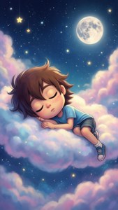 一個小男孩在滿天星斗的夜空中的雲朵上安睡，上方有一輪滿月。