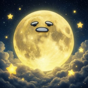 一個睡意朦朧的卡通月亮在夜空的雲朵上方與閃爍的星星一起發光。