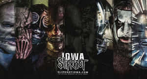 Slipknot 樂隊成員戴著面具，表情強烈，在黑暗拼貼畫中。