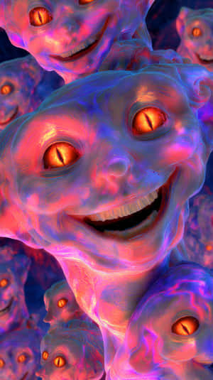 多個發光的外星人面孔，橙色眼睛和咧嘴笑，在霓虹粉紅和藍光中。