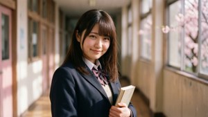 日本女學生穿制服在櫻花走廊拿書