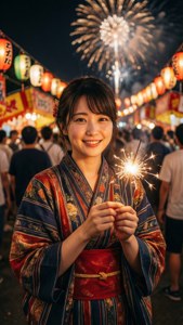 穿著和服的女子在日本節日煙花下手持仙女棒。