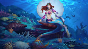 一位紅髮彩色尾巴的美人魚坐在珊瑚礁上，處於充滿活力的水下場景中。 — 奇幻 壁紙