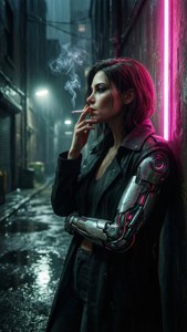 一個擁有發光粉紅色機械臂的女性，在雨中霓虹小巷抽煙。