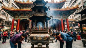 充滿活力的廟宇場景，香煙裊裊，信眾在繁華的香港虔誠參拜。