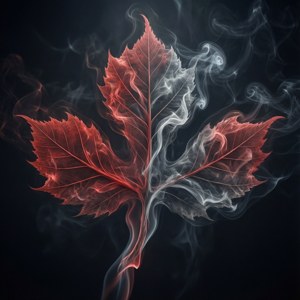 一片楓葉半紅半白煙霧在深色背景下
