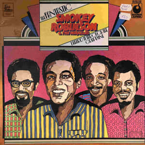 Smokey Robinson and The Miracles 穿著色彩繽紛襯衫微笑的專輯封面插圖。